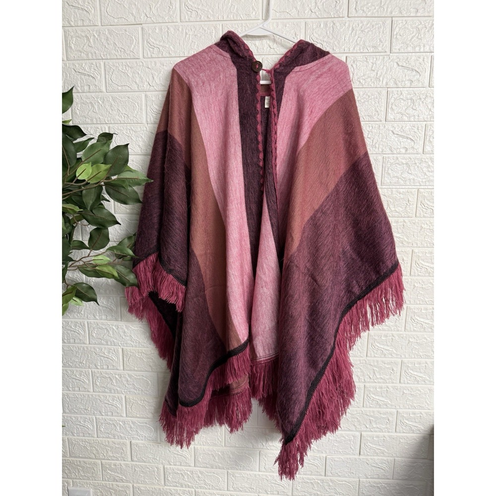 Handmade 100% Alpaca Wool Hooded Poncho Multicolor Pink Purple Ecuador Mens OS